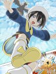  1girl akari_(pokemon) bandana black_hair blue_sky buizel commentary_request eyelashes falling grey_eyes hisuian_braviary long_sleeves looking_at_viewer open_mouth outdoors outstretched_arms pokemon pokemon_(creature) pokemon_legends:_arceus runachikku sky spread_arms white_bandana 