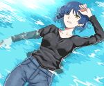  1girl afloat black_shirt blue_hair blue_pants bocchi_the_rock! breasts collarbone commentary_request cowboy_shot denim ear_piercing hair_ornament hair_over_shoulder hairclip hand_up highres jeans long_sleeves looking_at_viewer lying mantan2222 medium_breasts midriff_peek mole mole_under_eye on_back open_mouth pants parallel_hairclips partially_submerged piercing shirt short_hair solo wet yamada_ryo yellow_eyes 