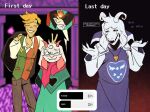  3boys asriel_dreemurr asriel_dreemurr_(god_of_hyperdeath) black_sclera blonde_hair bunny_ears_prank closed_eyes closed_mouth colored_sclera commentary deltarune english_commentary english_text fire floppy_ears flowery_(deltarune) furry furry_male grin highres homkamiro looking_at_viewer male_focus mixed-language_text multiple_boys one_eye_closed open_mouth poll pyrokinesis ralsei russian_text shrugging sideways_glance smile translation_request undertale utdr_(toby_fox) v white_fur 