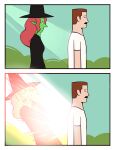 2025 2_panel_comic 5_fingers absurd_res bangs black_clothing black_hat black_headwear bonnymama7 brown_facial_hair brown_hair brown_mustache clothed clothed_female clothed_male clothing comic digital_media_(artwork) duo elphaba_(bonnymama7) eyebrows facial_hair female fingers freckled_face freckles green_body hair hat headgear headwear hi_res human humanoid humanoid_hands humor male mammal mouth_closed mustache open_mouth outside surprised teeth topwear white_clothing white_topwear