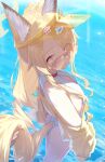  1girl absurdres animal_ear_fluff animal_ears ass bare_legs blonde_hair blue_archive breasts clothing_cutout commentary_request cross_halo diamond_cutout flat_chest fox_ears fox_girl fox_tail gradient_eyes halo highres holding_another's_tail jacket kuchisode long_hair looking_at_viewer multicolored_eyes off_shoulder official_alternate_costume one-piece_swimsuit pink_eyes pov pov_hands seia_(blue_archive) seia_(swimsuit)_(blue_archive) side_ponytail small_breasts solo solo_focus sunglasses swimsuit tail very_long_hair visor_cap water white_one-piece_swimsuit yellow_eyes yellow_halo yellow_jacket 