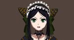  1girl black_hair bonnet bow frills gothic_lolita green_eyes kuroshitsuji lace lolita_fashion long_hair sieglinde_sullivan 