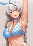  1girl 1nilla' aqua_bikini armpit_focus armpit_sex armpits bar_censor bikini blue_eyes braid breasts censored cleavage collarbone commentary cum cum_on_armpits cum_on_body english_commentary hetero highres honkai_(series) honkai_impact_3rd jewelry kiana_kaslana kiana_kaslana_(sunny_beach) large_breasts long_hair looking_at_viewer navel necklace penis solo swimsuit twin_braids upper_body white_hair 