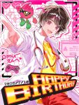  1boy animification black_hair coat commentary controller cowboy_shot cursor dated floating_clothes game_controller happy_birthday heart highres houjou_emu index_finger_raised kamen_rider kamen_rider_ex-aid_(series) lab_coat long_sleeves looking_at_viewer male_focus open_clothes open_coat open_mouth panopi_(nonzaurusu_4) pink_eyes pointing short_hair solo sparkle stethoscope_around_neck teeth untranslatable_commentary upper_teeth_only white_coat 