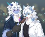 2_horns 5_fingers absurd_res anthro bangs black_clothing black_nose black_shirt black_topwear blue_body blush canid canine canis cheek_tuft claws clothed clothing collarbone colored dessert digital_drawing_(artwork) digital_media_(artwork) dragon duo ear_piercing eyebrows facial_tuft feeding feeding_another fingers food hair hair_between_eyes handwear hi_res holding_food holding_ice_cream holding_object horn ice_cream jacket joeyzliaotang kemono long_hair male mammal mythological_creature mythological_scalie mythology open_clothing open_jacket open_mouth open_topwear piercing purple_eyes scalie shaded shirt snout sparkles teeth thick_eyebrows topwear tuft white_body white_eyebrows white_hair wingless_dragon wolf yellow_eyes