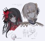  3girls animal_ears beret black_coat black_hair black_hat blonde_hair closed_mouth coat collared_shirt commentary crown curtained_hair diamond_hair_ornament dog_ears epaulettes flower gradient_hair hair_between_eyes hair_flower hair_ornament hasumi_leia hat hat_flower hat_ribbon high_collar inagoinaire leash long_hair mahou_shoujo_no_majo_saiban mini_crown multicolored_hair multiple_girls necktie nikaido_hiro pink_eyes pink_hair red_eyes red_flower red_necktie ribbon sakuraba_ema shirt short_hair simple_background smile translation_request white_background white_flower white_hair white_shirt yellow_eyes 