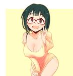  :d adjusting_eyewear bangs bare_shoulders bespectacled blunt_bangs blush bottomless bra_strap breasts cleavage covering covering_crotch cowboy_shot glasses green_hair happy highres idolmaster idolmaster_(classic) index_finger_raised large_breasts leaning_forward looking_at_viewer maiko_(yoshida308) mole mole_under_mouth off_shoulder open_mouth otonashi_kotori outline pinky_out red-framed_eyewear red_eyes shirt_tug short_hair simple_background sleeves_past_wrists smile solo standing yellow_background 