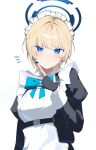  1girl absurdres apron belt black_gloves black_jacket blonde_hair blue_archive blue_bow blue_eyes blush bow bowtie collared_shirt commentary_request earpiece fingerless_gloves frilled_apron frills gloves hair_between_eyes hair_intakes halo highres jacket looking_at_viewer maid maid_apron maid_headdress notice_lines parted_lips pointing pointing_at_self shirt short_hair simple_background solo sukasusu_51te tactical_maid toki_(blue_archive) unconventional_maid upper_body v white_apron white_background white_shirt 