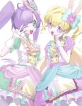  2girls :d ;d ahoge animal_ears blonde_hair blue_bow blue_dress bow breasts chocho_16 commentary cowboy_shot dress fake_animal_ears frilled_dress frills gloves green_dress green_eyes hair_bow hair_intakes hand_on_own_cheek hand_on_own_face hand_up highres idol_time_pripara long_hair looking_at_viewer manaka_laala multicolored_dress multiple_girls one_eye_closed open_mouth pink_bow pink_dress pretty_series pripara puffy_short_sleeves puffy_sleeves purple_dress purple_eyes purple_hair rabbit_ears short_sleeves simple_background small_breasts smile twintails two_side_up untranslatable_commentary w white_background white_dress white_gloves yellow_dress yumekawa_yui 