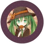  1girl amakaze_sora argyle_background black_hat bow brown_bow brown_robe collared_shirt commentary_request covered_mouth green_eyes green_hair green_necktie hand_up hat hat_bow hatsune_miku holding hood hood_down hooded_robe long_hair lowres necktie robe shirt solo twintails vocaloid white_shirt witch_hat 