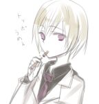  1girl amakaze_sora black_shirt brown_hair collared_shirt food hair_between_eyes holding holding_food jacket long_sleeves looking_at_viewer lowres necktie original purple_eyes purple_necktie shirt short_hair simple_background solo translation_request upper_body white_background white_jacket 