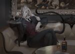 2021 accessory alcohol anthro artist_logo artist_name beverage black_tail bottomwear bovid caprine cigar classy claws clothing container cup digital_media_(artwork) finger_claws floppy_ears formal_wear fur furniture german_braga glass glass_container glass_cup goat horn inside jack_daniel's jacket logo male mammal necktie on_sofa painting_(object) pants sitting sitting_on_sofa smoke smoke_from_nose smoking smoking_cigar sofa solo spade_tail tail text topwear vest whiskey white_body white_fur yul_(elfox)