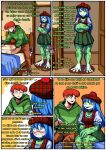 alfonso_memes_inojosa amphibian anthro barefoot bed bed_sheet bedding big_hands blue_eyes blue_hair blush bodily_fluids bottomwear brown_bottomwear brown_clothing brown_pants choker clothing comic dialogue duo eye_contact feet female female_anthro freckled_face freckles frog furniture green_bottomwear green_clothing green_eyes green_hoodie green_skirt green_topwear hair half-closed_eyes hat headgear headwear hi_res hoodie horizontal_pupils human inside jewelry lamp long_hair looking_at_another makeup male male_human mammal narrowed_eyes necklace nervous nervous_sweat pants pillow pupils red_clothing red_hair red_hat red_headwear scottish skirt smile spanish_text standing suspicious sweat text thick_thighs topwear translation_request