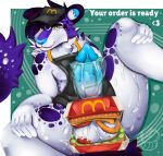 anthro balls balls_focus big_penis birthmark black_hair bodily_fluids burger canid canine canis chest_tuft clothing english_text erection food food_fetish food_play genital_focus genitals green_eyes hair half_naked hat headgear headwear hi_res lying male mammal markings mcdonald's on_back penis penis_focus simple_background smug_face solo spread_legs spreading sweat sweatdrop sweaty_balls sweaty_genitalia tail teeth text the_snow_irbis tuft white_body wolf