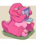 accessory anthro balls belly big_balls blush dinosaur e621 erection foreskin gameoverse genitals glitch_productions gobbles_(gameoverse) hi_res looking_at_porn male necktie overweight penis pornography prehistoric_species purple_body reptile scalie sitting solo srielsnake