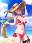  1girl absurdres arichi beach bikini blue_bow blue_eyes blue_sky bow breasts cleavage cloud commentary_request cowboy_shot cup day drinking_glass eyewear_on_head fal_(fal's_summer)_(girls'_frontline) fal_(girls'_frontline) flower front-tie_bikini_top front-tie_top girls'_frontline glass hat hat_flower hat_ribbon highres horizon hurricane_glass large_breasts linea_alba long_hair navel official_alternate_costume outdoors revision ribbon side-tie_bikini_bottom sky solo standing straw_hat sun_hat sunglasses swimsuit twintails 