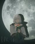  1girl absurdres black_bodysuit bodysuit character_name closed_eyes commentary crossed_arms diao_guo_yu english_commentary english_text flower girls'_frontline grey_hair highres holding holding_flower jacket medium_hair moon open_mouth photo_background rpk-16_(girls'_frontline) smile solo standing teeth twitter_username upper_body white_jacket wide_sleeves 