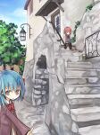  2girls amakaze_sora black_skirt black_thighhighs blue_eyes blue_hair blue_sky book brown_shoes building cloud commentary_request day grey_eyes hair_between_eyes handrail holding holding_book jacket multiple_girls open_book original outdoors pleated_skirt purple_jacket red_hair shoes sitting sitting_on_stairs skirt sky stairs stone_stairs thighhighs tree wall_lamp window 