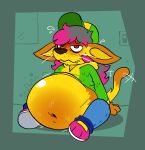 adlet ambiguous_gender anthro baseball_cap belly belly_blush big_belly bloated blush bodily_fluids body_blush bottomwear clothed clothing clothing_lift denim denim_bottomwear denim_clothing embarrassed flying_sweatdrops footwear fur hair half-closed_eyes hat headgear headwear hi_res highlights_(coloring) hoodie huge_belly inflation jeans long_ears madd_(pawplants) multicolored_body multicolored_fur narrowed_eyes navel nervous nonbinary_(lore) obese obese_ambiguous overweight overweight_ambiguous pants paw_shoes pawplants pink_hair rumbling_stomach shirt shirt_lift shoes sitting sneakers solo sweat sweatdrop tail tail_motion tailwag topwear whiskers wiggle_lines yellow_body yellow_fur