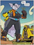 2022 alien anthro belt big_breasts big_ears black_jumpsuit boots breasts brown_boots brown_clothing brown_footwear building canyon cel_shading clothing cloud colored cybernetic_arm cybernetic_limb dialogue digital_drawing_(artwork) digital_media_(artwork) ducky_(artist) ear_piercing english_text extreme_size_difference eyewear female feral footwear fur furry_tail gloves goggles handwear hi_res huge_breasts jumpsuit landscape_dwarfing lombax low-angle_view macro macro_female mammal markings mountain open_mouth open_smile orange_scarf piercing pink_nose ratchet_and_clank rivet_(ratchet_and_clank) scarf shaded shoes size_difference sky smile snout sony_corporation sony_interactive_entertainment speech_bubble striped_markings striped_tail stripes tail tail_markings text white_body white_fur
