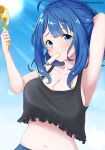  1girl absurdres arm_up armpits bare_shoulders black_shirt blue_eyes blue_hair breasts cleavage collarbone commentary_request crop_top day food food_in_mouth hand_fan highres holding holding_fan large_breasts make_heroine_ga_oo_sugiru! navel outdoors popsicle popsicle_in_mouth shirt solo stomach sweat yanami_anna yuruku_ikiru_ojisan 