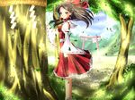  ankle_socks azutan bare_shoulders blue_sky bow breasts brown_hair cloud covered_nipples day detached_sleeves expressionless from_side hair_bow hair_tubes hakurei_reimu hand_rest highres leaf long_hair looking_at_viewer outdoors red_eyes rope shade shide shimenawa sidelocks skirt skirt_set sky small_breasts solo torii touhou tree tree_shade wind 