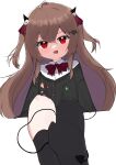  1girl absurdres ahoge asymmetrical_legwear bandaid bandaid_on_knee bandaid_on_leg black_cardigan black_horns black_socks black_tail black_thighhighs bow bowtie broken_heart broken_heart_hair_ornament brown_hair cardigan collared_shirt commentary demon_tail dress_shirt evil_neuro-sama evil_neuro-sama_(1st_costume) feet foot_out_of_frame from_behind hair_between_eyes hair_ornament hair_ribbon heart heart_hair_ornament highres horns long_hair looking_at_viewer no_shoes off-shoulder_cardigan open_mouth red_bow red_bowtie red_eyes red_ribbon reims_dts5071 ribbon shirt single_sock single_thighhigh sitting skull_hair_ornament socks solo tail thighhighs torn_bowtie torn_ribbon transparent_background two_side_up uneven_legwear vedal_ai virtual_youtuber white_shirt 