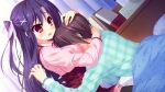  1boy 1girl blanket blue_hair bookshelf breast_press breast_rest breasts breasts_on_head brown_hair completely_nude cross-laced_clothes curtains frilled_skirt frills game_asset green_pajamas hair_ornament hair_ribbon high-waist_skirt hinata_nao hoshimi_asuka hug indoors juliet_sleeves long_hair long_sleeves neck_ribbon non-web_source nude official_art on_bed one_side_up open_mouth pajamas pillow pink_shirt puffy_sleeves red_eyes red_ribbon ribbon shirt sitting skirt tissue white_ribbon x_hair_ornament yuuwaku_scramble 