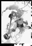  2boys boots branch cape commentary_request facial_hair goatee_stubble golden_kamuy greyscale gun gun_in_another's_mouth hat highres imminent_death lying monochrome multiple_boys on_back pants peaked_cap rifle scar scar_on_face short_hair stubble sugimoto_saichi topless_male tsukishima_hajime tsuruko_turuta weapon 
