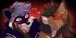 2:1 anthro blep blue_eyes blush brown_body brown_eyes brown_hair canid canine duo female fluffy fox grey_body hair hand_on_chin hi_res jewelry kissing male male/female mammal necklace nova_(ima_n_ova) omzzi_(omzzimeow) omzzimeow procyonid raccoon text tongue tongue_out