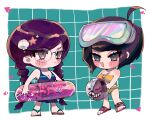  2girls :d ahoge ball beachball bikini black_hair blue_bikini blue_sarong blush blush_stickers border bow braid breasts brown_sandals chibi chibi_only cleavage closed_mouth commentary_request danganronpa:_trigger_happy_havoc danganronpa_(series) danganronpa_another_episode:_ultra_despair_girls danganronpa_s:_ultimate_summer_camp eyelashes frown fukawa_toko glasses goggles goggles_on_head grey_eyes grid_background hair_ornament highres holding holding_ball holding_beachball holding_swim_ring long_hair mole mole_under_mouth monokuma multiple_girls naegi_komaru o-ring o-ring_bikini o-ring_top open_mouth pink_sandals purple_hair rokusho_(sherry_momo) round_eyewear sandals sarong seashell shell shell_hair_ornament short_hair side-tie_bikini_bottom smile star_(symbol) star_hair_ornament swim_goggles swim_ring swimsuit themed_object twin_braids twintails v-shaped_eyebrows white_border yellow_bikini yellow_bow 