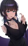  1girl absurdres aqua_eyes bare_shoulders black_choker black_dress black_hair black_nails bocchi_the_rock! breasts choker cleavage clothing_cutout colored_inner_hair commentary commentary_request commission dress ear_piercing english_commentary face_piercing forked_tongue highres labret_piercing large_breasts long_hair looking_at_viewer mixed-language_commentary mole mole_on_breast mouth_piercing multicolored_hair multiple_girls nail_polish pa-san piercing purple_hair sample_watermark shoulder_cutout skeb_commission solo tongue watermark yozakurayuyu 
