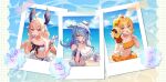  3girls absurdres ahoge aloupeep_(enna_alouette) aqua_eyes aqua_nails beach beads bikini blonde_hair blue_sky blush breasts cloud cloudy_sky commentary elira_pendora english_commentary enna_alouette famillie_(millie_parfait) flat_chest flower food frilled_bikini frills hair_beads hair_between_eyes hair_flower hair_ornament head_wings highres holding holding_food holding_ice_cream ice_cream ice_cream_cone leg_ribbon long_hair looking_at_viewer low_twintails medium_hair millie_parfait multiple_girls navel nijisanji nijisanji_en ocean open_mouth orange_bikini outside_border photo_(object) pointing pointing_at_self purple_eyes ribbon senmi_(vvv_1864) sky small_breasts swimsuit thigh_ribbon twintails very_long_hair virtual_youtuber wings 