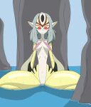 animal_humanoid aquatic aquatic_humanoid arm_fin barely_visible_nipples blue_submarine_no._6 chest_tuft dripping eyeshadow facial_markings featureless_crotch female fin fish fish_humanoid forehead_markings grey_hair hair head_markings heavy147 hi_res humanoid hybrid looking_down makeup markings multicolored_body multicolored_skin mutio nipples pointy_ears red_eyes red_eyeshadow red_markings rock sitting slim smooth_skin solo spread_legs spreading tuft water wet white_body white_skin yellow_body yellow_skin