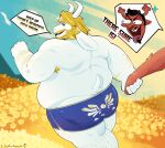 2026 2_horns anthro antlers arm_hair armpit_hair asgore_dreemurr beard black_eyebrows black_facial_hair black_hair blonde_beard blonde_eyebrows blonde_facial_hair blonde_hair blue_clothing blue_eyes blue_underwear body_hair bovid brown_body brown_fur buckteeth caprine clothed clothing deer deltarune dialogue digital_drawing_(artwork) digital_media_(artwork) duo english_description english_text exclamation_point eyebrows facial_hair flower flower_field fur goat goatee hair hand_holding hi_res horn i_eattoothpaste leg_hair love_handles male mammal mature_anthro mature_male meme mostly_offscreen_character mustache new_world_deer overweight overweight_anthro overweight_male plant reindeer rudolph_holiday small_tail speech_bubble tail teeth text thick_thighs tongue tongue_out undertale_(series) underwear underwear_only white_body white_fur wide_eyed yellow_flower zamn