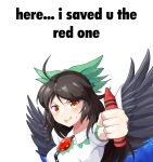  1girl ahoge bird_wings black_wings blush bow brown_hair cape chest_eye collared_shirt commentary crayon eating_non-food english_commentary english_text feathered_wings frilled_shirt_collar frills green_bow hair_bow here_i_saved_u_the_red_one_(meme) highres holding holding_crayon long_hair meme print_cape puffy_short_sleeves puffy_sleeves red_eyes reiuji_utsuho shirt short_sleeves simple_background solo starry_sky_print third_eye toogeruu touhou two-sided_cape two-sided_fabric upper_body white_background white_cape white_shirt wings 