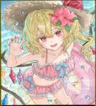  1girl alternate_costume alternate_headwear beach bikini bikini_skirt blonde_hair blush breasts brown_hat claw_pose commentary_request crystal crystal_wings fang flandre_scarlet flower hair_flower hair_ornament hat hibiscus highres kisarush leaning_forward looking_at_viewer navel ocean one_side_up open_mouth painting_(medium) pink_bikini pink_eyes pink_flower pink_nails pink_skirt sand shikishi single_claw_pose skin_fang skirt small_breasts smile solo stomach straw_hat swim_ring swimsuit touhou traditional_media water watercolor_(medium) wings 