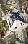  2boys 4girls ahoge artist_name artoria_pendragon_(fate) black_gloves black_hair blue_bow blue_shoes bow bowtie brown_hair chinese_commentary commentary_request dated dress dress_bow elbow_gloves fate/grand_order fate_(series) fujimaru_ritsuka_(female) glasses gloves green_eyes highres leonardo_da_vinci_(caster)_(fate) leonardo_da_vinci_(fate) lord_el-melloi_ii mash_kyrielight mingshuoxiaoyi multiple_boys multiple_girls orange_hair pants pantyhose pink_hair purple_bow saber_(fate) shoes standing tezcatlipoca_(fate) two-tone_dress waver_velvet white_bow white_bowtie white_dress white_pants white_pantyhose 