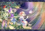  1girl absurdres alice_margatroid artist_name blonde_hair blue_dress blue_eyes bug butterfly capelet commentary dress emloste english_commentary flower flower_request frilled_hairband frills from_side grass hair_flower hair_ornament hairband highres iris_(flower) lily_(flower) open_mouth pink_flower purple_flower reaching red_flower red_hairband see-through_clothes see-through_veil solo touhou veil white_butterfly white_capelet white_flower white_lily 