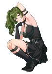  1girl arm_strap arm_up armlet armpits black_boots black_dress black_gloves boots breasts commentary_request dress from_side full_body gloves green_hair half-closed_eyes highres hutarikiri2025 jewelry large_breasts looking_at_viewer parted_lips pleated_dress purple_eyes side_ponytail simple_background solo sousou_no_frieren squatting suspenders_hanging thigh_strap thighs ubel_(sousou_no_frieren) white_background 