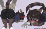 16:10 2026 all_fours ambiguous_gender ambiguous_species anthro anthro_focus anthro_on_anthro ass_up back_slap balls_outline black_bottomwear black_clothing black_shorts black_stripes black_wristwatch blue_clothing blue_shirt blue_topwear blush bodily_fluids bottomwear brown_body brown_fur bulge butt butt_slap cat_sona_(mr-shin) clothing detailed_bulge disembodied_hand domestic_cat felid feline felis footwear front_view fur genital_outline grey_body grey_fur heart_symbol hi_res inner_ear_fluff male male/ambiguous male_focus mammal markings mole_(marking) mr-shin pink_inner_ear pink_nose rear_view shaking shirt shorts slap socks solo_focus striped_body striped_fur stripes tears tears_of_pleasure topwear trembling tuft white_body white_clothing white_footwear white_fur white_inner_ear_fluff white_socks widescreen