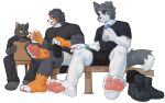 4_toes 5_fingers absurd_res anthro black_body black_bottomwear black_clothing black_eyebrows black_fur black_pants black_shirt black_shorts black_topwear blue_eyes bodily_fluids bottle bottomwear canid canine canis claws clothed clothed_anthro clothed_male clothing colored container cute_fangs digital_drawing_(artwork) digital_media_(artwork) dipstick_tail domestic_cat domestic_dog eyebrows fangs feet felid feline felis fingers floppy_ears footwear fully_clothed fully_clothed_anthro fully_clothed_male fur group head_tuft hi_res holding_bottle holding_clothing holding_container holding_footwear holding_object holding_socks joeyzliaotang kemono looking_at_another low-angle_view male male_anthro mammal markings multicolored_body multicolored_fur muscular muscular_anthro muscular_male open_mouth orange_body orange_eyebrows orange_fur pants pawpads paws pink_pawpads shaded shirt shoes shorts simple_background sitting socks sweat tail tail_markings teeth toes topwear trio tuft white_background white_body white_bottomwear white_claws white_clothing white_fur white_shorts yellow_eyes