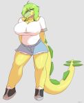 absurd_res anthro artist_name big_breasts blue_eyes bottomwear breasts choker clothed clothed_anthro clothed_female clothing colored denim denim_bottomwear denim_clothing denim_shorts dinosaur eyebrow_through_hair eyebrows female footwear front_view full-length_portrait goodbye_volcano_high green_body green_hair grey_background hair hands_behind_back hi_res hyuvevo jewelry ko_op_(game_developer) long_hair long_tail looking_at_viewer looking_down low-angle_view necklace nipple_outline non-mammal_breasts ornithischian portrait pose prehistoric_species reptile scalie seductive shaded shirt shoes shorts simple_background smile solo spiked_tail spikes spikes_(anatomy) stegosaurian stegosaurus stella_(gvh_beta) tail text thyreophoran topwear translucent translucent_hair white_clothing white_shirt white_topwear
