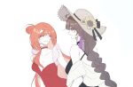  2girls ^_^ ahoge braid breasts brown_hair choker cleavage closed_eyes commentary female_dreamseeker_(honkai_impact) flower frills hair_ornament hair_ribbon hat highres honkai_(series) honkai_impact_3rd large_breasts leylah_(honkai_impact) long_hair looking_at_another multiple_girls official_alternate_costume one-piece_swimsuit orange_hair ribbon senadina seodam300 single_braid sun_hat sunflower swimsuit untranslatable_commentary very_long_hair white_background 