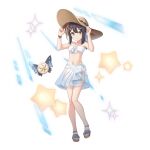  1girl adjusting_clothes adjusting_headwear artist_request bikini black_hair brown_eyes brown_hat closed_mouth fate/kaleid_liner_prisma_illya fate_(series) full_body game_asset grand_summoners hair_ornament hairclip hat looking_at_viewer magical_sapphire miyu_edelfelt navel official_art sandals sarong see-through_clothes see-through_sarong simple_background solo standing star_(symbol) sun_hat swimsuit third-party_source transparent_background white_bikini white_sarong 
