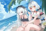  2girls absurdres alternate_costume bare_shoulders beach bikini black_ribbon blue_hairband bow closed_mouth cloud collarbone colored_tips commentary frilled_hairband frills hair_bow hair_over_one_eye hair_ribbon hairband heterochromia highres jogasaki_noah lolita_hairband long_hair looking_at_viewer mahou_shoujo_no_majo_saiban masiiiiiiro multi-tied_hair multicolored_hair multiple_girls natsume_an-an ocean off-shoulder_bikini off_shoulder one_eye_covered polka_dot polka_dot_bow purple_eyes red_eyes ribbon ruffle_bikini shore sitting sky streaked_hair swimsuit untranslatable_commentary v very_long_hair white_hair yellow_eyes 