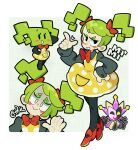  1girl absurdres alt_text black_pantyhose black_shirt blush blush_stickers bow bowtie character_name closed_mouth collared_shirt commentary dimentio dress english_commentary eyelashes eyeshadow green_eyeshadow green_hair hair_bow hand_on_own_hip heart highres humanization index_finger_raised long_hair makeup maletoh mario_(series) mimi_(paper_mario) open_mouth pantyhose paper_mario_(series) pinafore_dress polka_dot polka_dot_dress raised_eyebrow red_bow red_bowtie red_shoes shirt shoes sleeveless sleeveless_dress smile sound_effects super_paper_mario twintails yellow_dress 