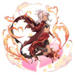  1girl artist_request black_boots boots cape chloe_von_einzbern closed_mouth dark-skinned_female dark_skin dust fate/kaleid_liner_prisma_illya fate_(series) fire flat_chest full_body game_asset grand_summoners grey_hair hair_bun heart long_hair looking_at_viewer midriff official_art orange_eyes red_cape revealing_clothes simple_background solo third-party_source transparent_background 