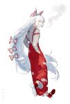  1girl absurdres akanehagi artist_name boots bow cigarette collared_shirt commentary_request fujiwara_no_mokou full_body grey_hair grey_shirt hair_bow hands_in_pockets highres long_hair multiple_hair_bows ofuda ofuda_on_clothes pants red_boots red_eyes red_pants shirt simple_background smoke smoking solo suspenders touhou very_long_hair white_background 