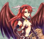  1girl armor breasts cleavage headband looking_at_viewer minerva_(p&amp;d) puzzle_&amp;_dragons red_eyes red_hair shield solo wings 